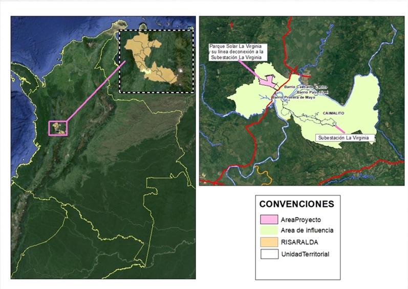 Imágen de la localización del proyecto Parque solar La Virginia (100mw) y su línea de conexión a la subestación La Virginia 220 kv