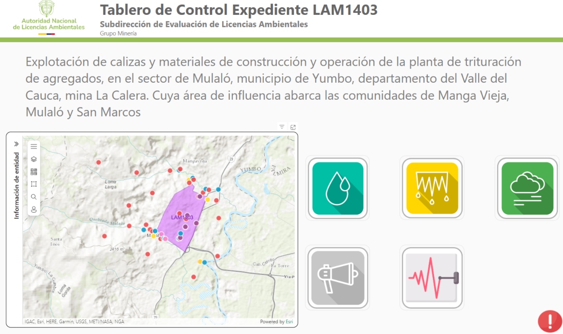 Imagen del tablero de control de Mina La Calera en el municipio de Yumbo, departamento de Valle del Cauca. Cuya área de influencia abarca las comunidades de Manga Vieja, Mulaló y San Marcos