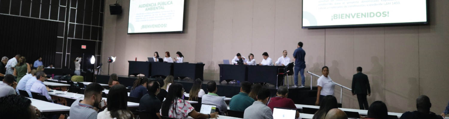 Auditorio con dos mesas izquierda funcionarios ANLA y derecha funcionarios empresa en Audiencia Publica Ambiental 